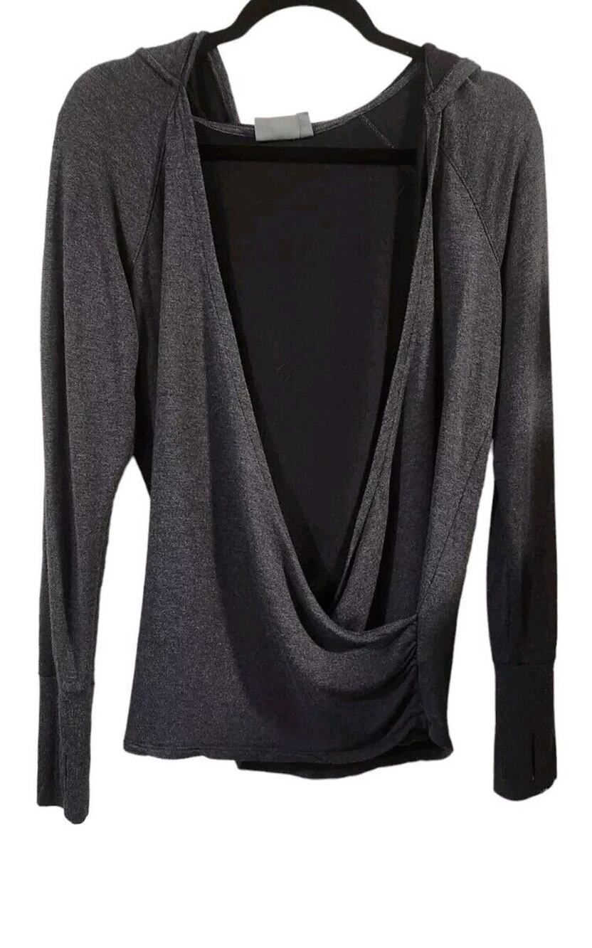 Athleta Long Sleeve Athletic Faux Wrap Charcoal Gray Hooded Yoga Shirt Top M Gym